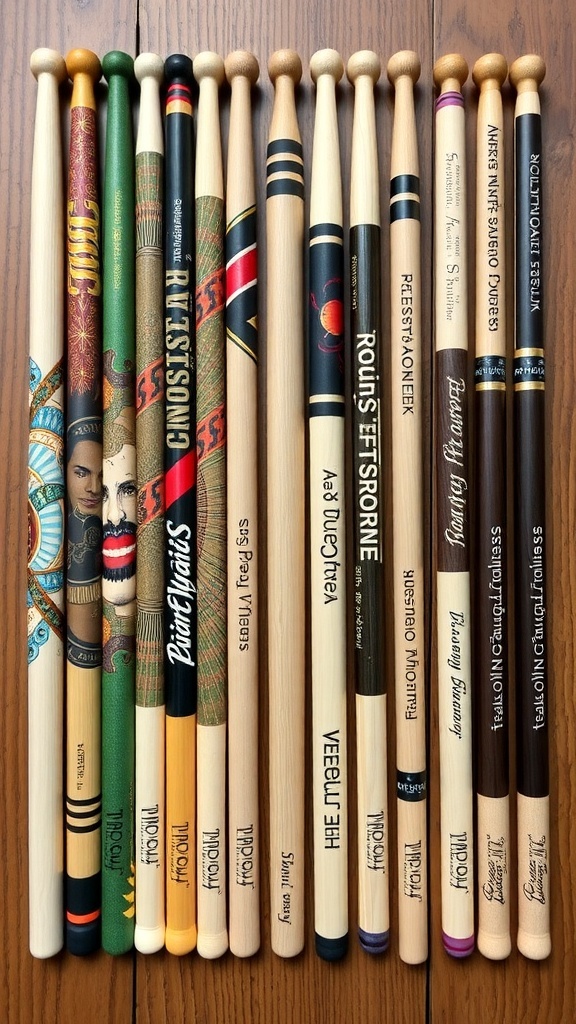 A variety of custom drumsticks with unique designs and grips on a wooden table.